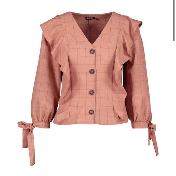 Boohoo Tops - Check Button Down Ruffle Blouse